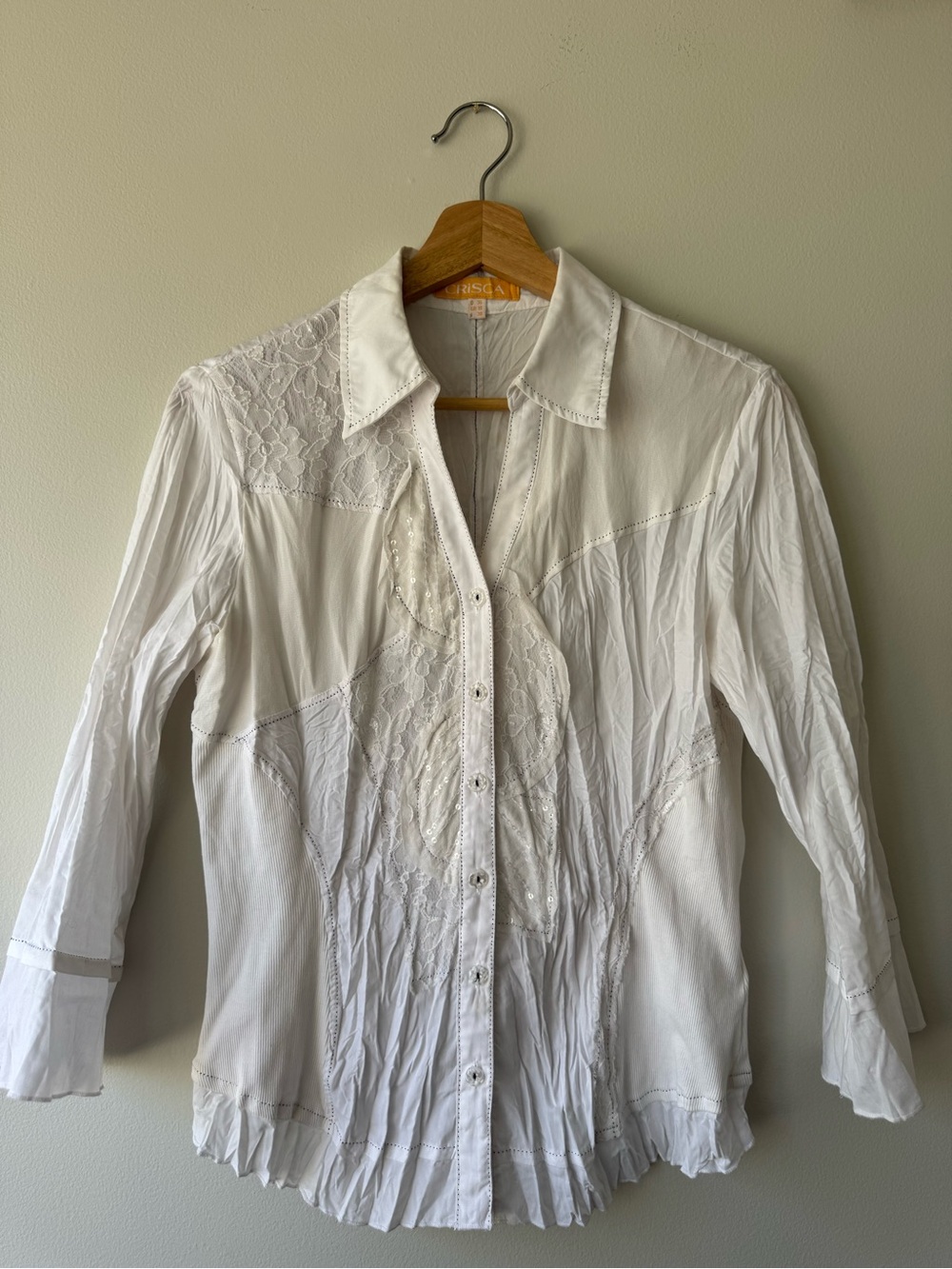 White Lace-Accent Button Up Blouse